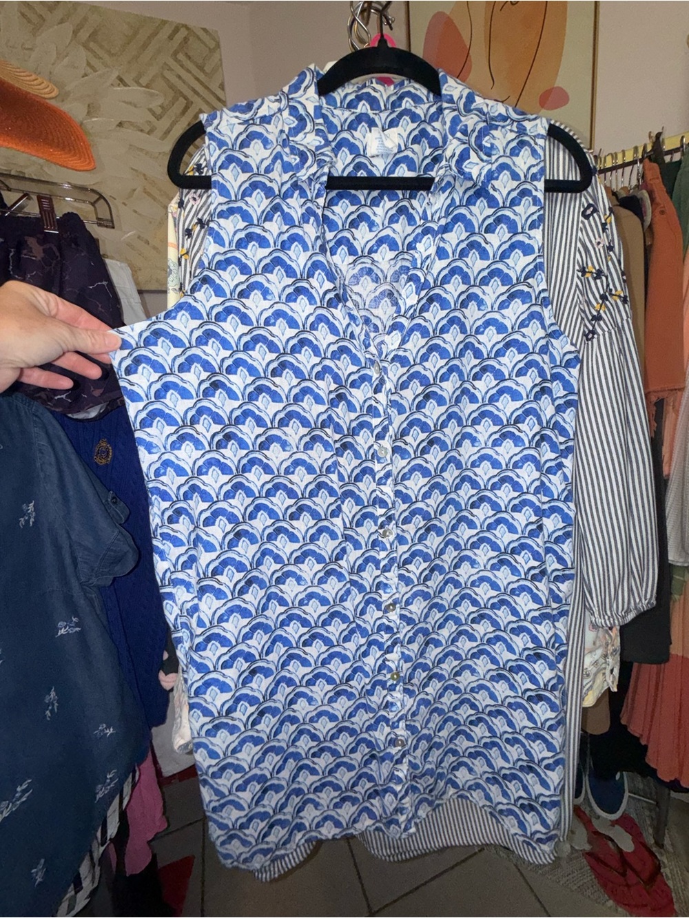 Sigrid Olsen Blue and White Printed Mini Dress | 100% Linen | Size Large
